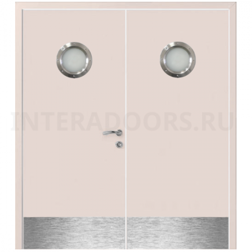 Дверь пластиковая Капель (Kapelli Classic) кремовый RAL 9001 двустворчатая с двумя иллюминаторами и отбойными пластинами