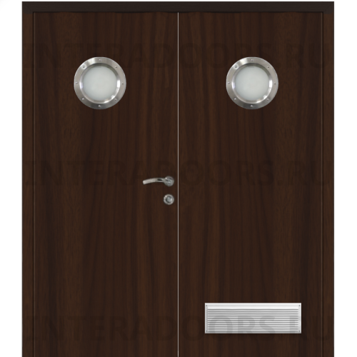 Дверь пластиковая Капель (Kapelli Classic) орех пекан шоколад двустворчатая с двумя иллюминаторами и вентиляционной решеткой