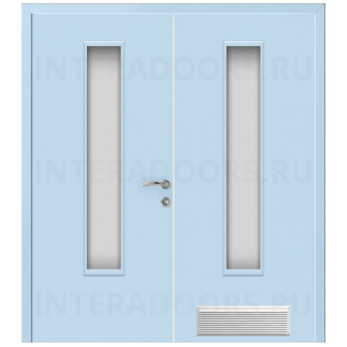Дверь пластиковая Капель (Kapelli Classic) голубой RAL 5024 двустворчатая ДО стекло 2 с вентиляционной решеткой
