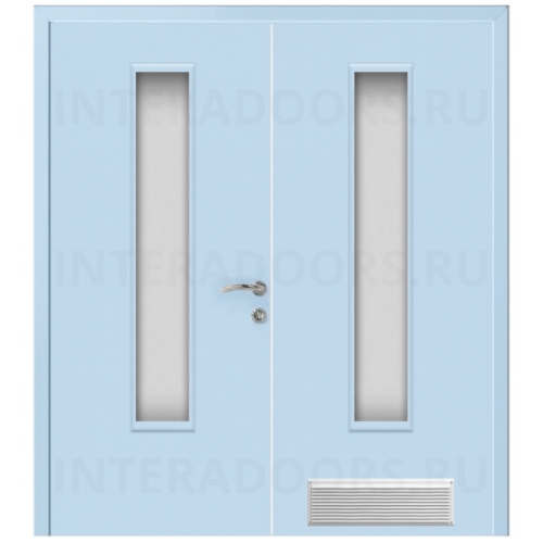 Дверь пластиковая Капель (Kapelli Classic) голубой RAL 5024 двустворчатая ДО стекло 2 с вентиляционной решеткой