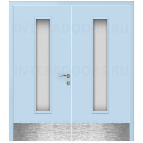 Дверь пластиковая Капель (Kapelli Classic) голубой RAL 5024 двустворчатая ДО стекло 2 с отбойными пластинами