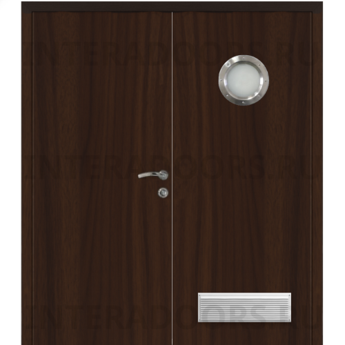 Дверь пластиковая Капель (Kapelli Classic) орех пекан шоколад двустворчатая с иллюминатором и вентиляционной решеткой