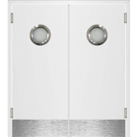 Маятниковая двустворчатая дверь пластиковая гладкая Kapelli Classic белый с двумя иллюминаторами и отбойными пластинами