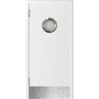 Маятниковая дверь пластиковая гладкая Kapelli Classic белый с иллюминатором и отбойной пластиной