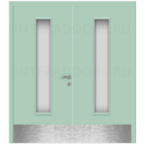 Дверь пластиковая Капель (Kapelli Classic) ментол RAL 6019 двустворчатая ДО стекло 2 с отбойными пластинами