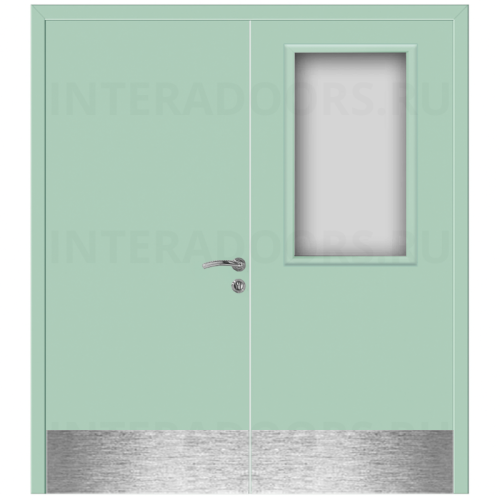 Дверь пластиковая Капель (Kapelli Classic) ментол RAL 6019 двустворчатая ДО стекло 1 с отбойными пластинами