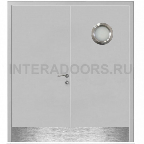 Дверь пластиковая Капель (Kapelli Classic) серый RAL 7035 двустворчатая с иллюминатором и отбойными пластинами
