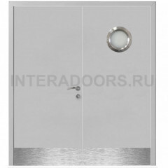 Дверь пластиковая Капель (Kapelli Classic) серый RAL 7035 двустворчатая с иллюминатором и отбойными пластинами