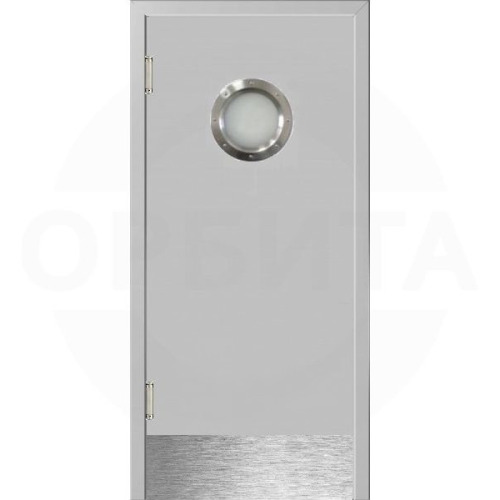 Маятниковая дверь пластиковая гладкая Kapelli Classic светло серый RAL 7035 с иллюминатором и отбойной пластиной