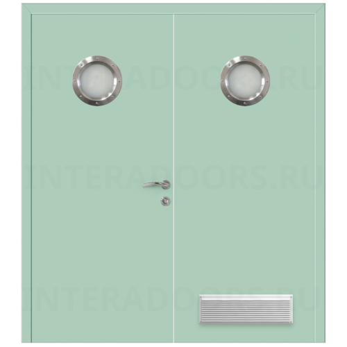 Дверь пластиковая Капель (Kapelli Classic) ментол RAL 6019 двустворчатая с двумя иллюминаторами и вентиляционной решеткой