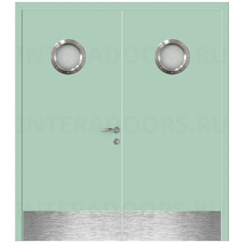 Дверь пластиковая Капель (Kapelli Classic) ментол RAL 6019 двустворчатая с двумя иллюминаторами и отбойными пластинами