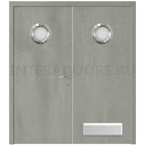 Дверь пластиковая Капель (Kapelli Classic) серый бетон двустворчатая с двумя иллюминаторами и вентиляционной решеткой