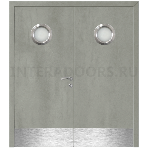 Дверь пластиковая Капель (Kapelli Classic) серый бетон двустворчатая с двумя иллюминаторами и отбойными пластинами