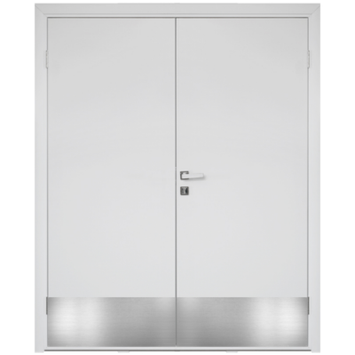 Влагостойкая дверь ПВХ Etadoor ДГ Белый двустворчатая с AL торцами с отбойными пластинами