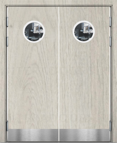 Маятниковая дверь композитная Poseidon Дуб крымский светлый двустворчатая с двумя иллюминаторами и отбойными пластинами