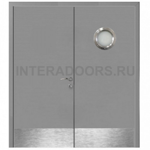 Дверь пластиковая Капель (Kapelli Classic) серый RAL 7046 двустворчатая с иллюминатором и отбойными пластинами