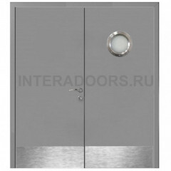Дверь пластиковая Капель (Kapelli Classic) серый RAL 7046 двустворчатая с иллюминатором и отбойными пластинами