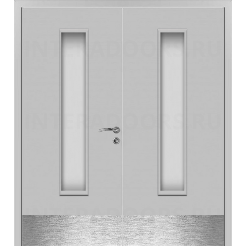 Дверь пластиковая Капель (Kapelli Classic) светло-серый RAL 7035 двустворчатая ДО стекло 2 с отбойными пластинами