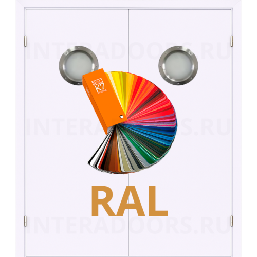 Маятниковая двустворчатая дверь пластиковая гладкая Kapelli Classic моноколор окрашенная по RAL с двумя иллюминаторами
