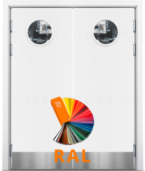 Маятниковая дверь композитная Poseidon окрашенная по RAL двустворчатая с двумя иллюминаторами и отбойными пластинами