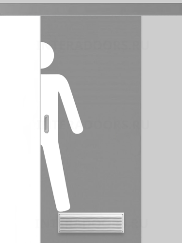 Дверь пластиковая раздвижная Капель (Kapelli Classic) темно серый RAL 7046 с вентиляционной решеткой и наклейкой для туалетов МУЖ.