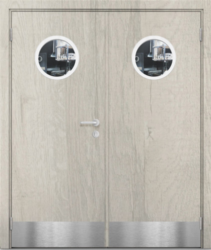 Дверь композитная Poseidon Дуб крымский светлый двустворчатая с двумя иллюминаторами и отбойными пластинами