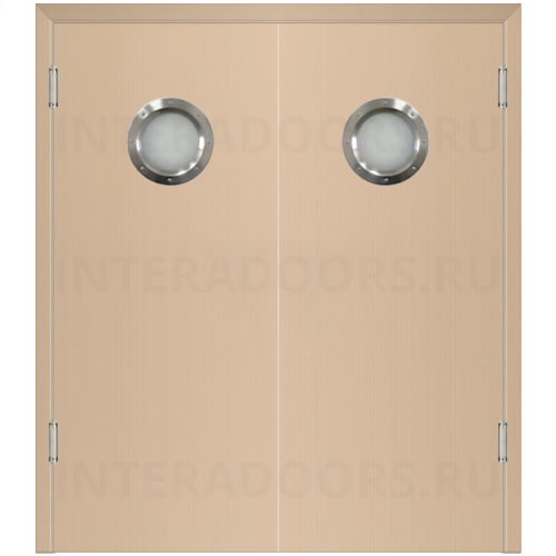 Маятниковая двустворчатая дверь пластиковая гладкая Kapelli Classic беленый дуб с двумя иллюминаторами