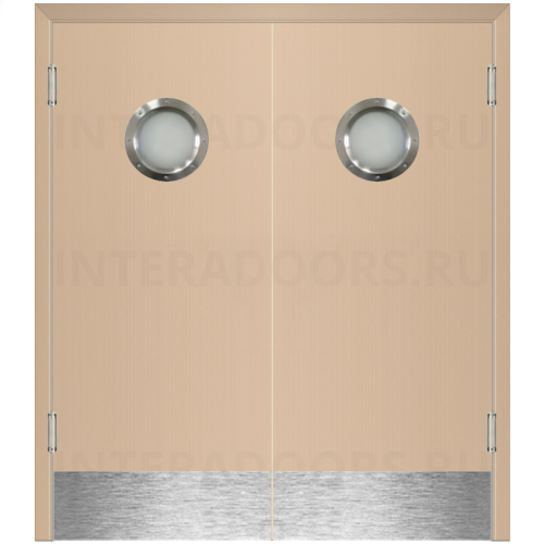 Маятниковая двустворчатая дверь пластиковая гладкая Kapelli Classic беленый дуб с двумя иллюминаторами