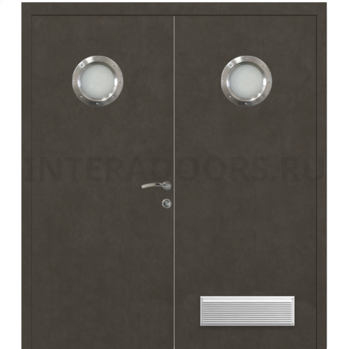 Дверь пластиковая Капель (Kapelli Classic) черный бетон двустворчатая с двумя иллюминаторами и вентиляционной решеткой