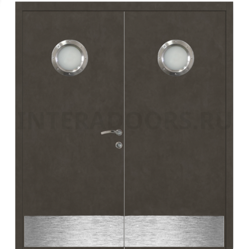 Дверь пластиковая Капель (Kapelli Classic) черный бетон двустворчатая с двумя иллюминаторами и отбойными пластинами