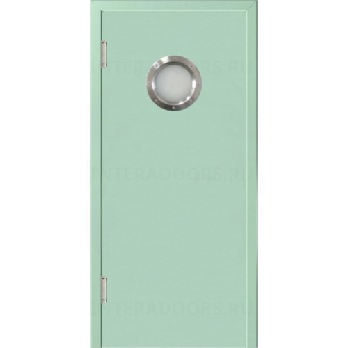 Маятниковая дверь пластиковая гладкая Kapelli Classic ментол RAL 6019 с иллюминатором