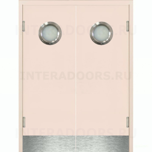 Маятниковая двустворчатая дверь пластиковая гладкая Kapelli Classic кремовый RAL 9001 с двумя иллюминаторами и отбойными пластинами