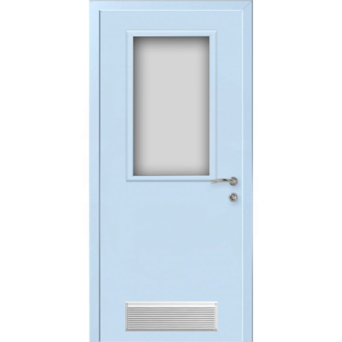 Дверь пластиковая Капель (Kapelli Classic) голубой RAL 5024 ДО стекло 1 с вентиляционной решеткой
