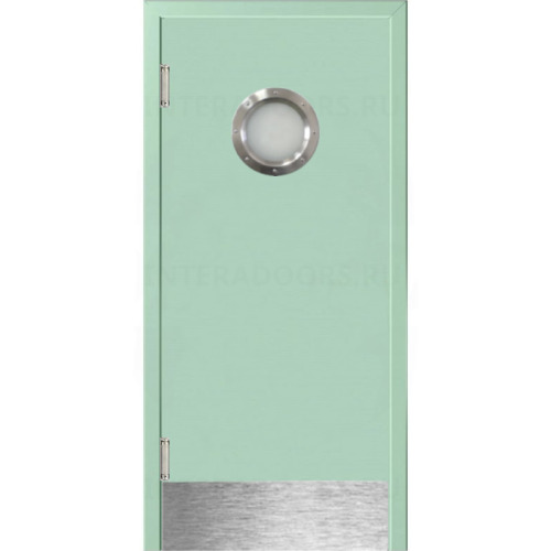 Маятниковая дверь пластиковая гладкая Kapelli Classic ментол RAL 6019 с иллюминатором и отбойной пластиной