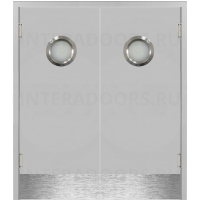 Маятниковая двустворчатая дверь пластиковая гладкая Kapelli Classic светло серый RAL 7035 с двумя иллюминаторами и отбойными пластинами