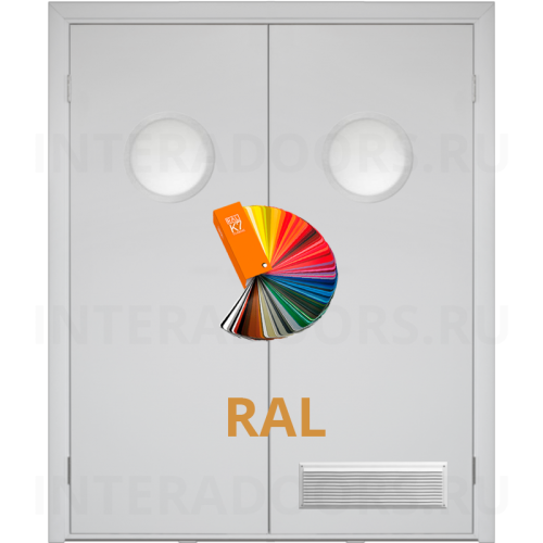 Влагостойкая дверь ПВХ Etadoor ДГ окрашенная по RAL двустворчатая с двумя иллюминаторами и вентиляционной решеткой