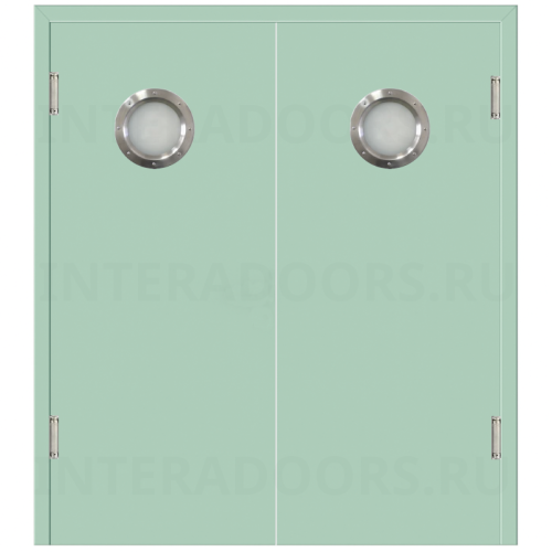 Маятниковая двухстворчатая дверь пластиковая гладкая Kapelli Classic ментол RAL 6019 с двумя иллюминаторами