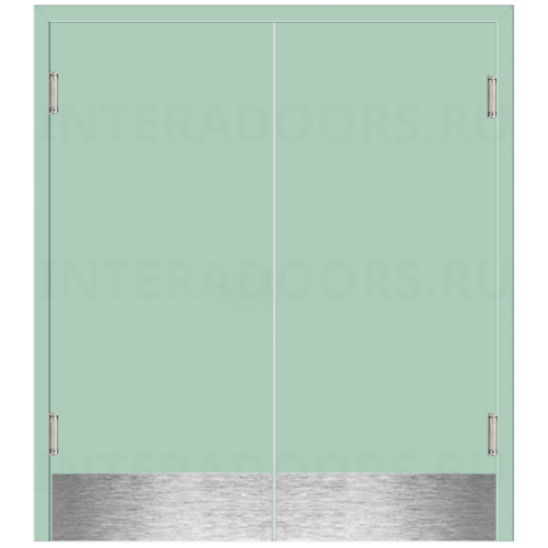 Маятниковая двухстворчатая дверь пластиковая гладкая Kapelli Classic ментол RAL 6019 с двумя иллюминаторами