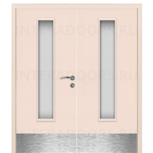 Дверь пластиковая Капель (Kapelli Classic) кремовый RAL 9001 двустворчатая ДО стекло 2 с отбойными пластинами