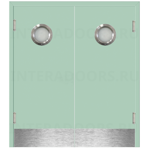 Маятниковая двухстворчатая дверь пластиковая гладкая Kapelli Classic ментол RAL 6019 с двумя иллюминаторами и отбойными пластинами