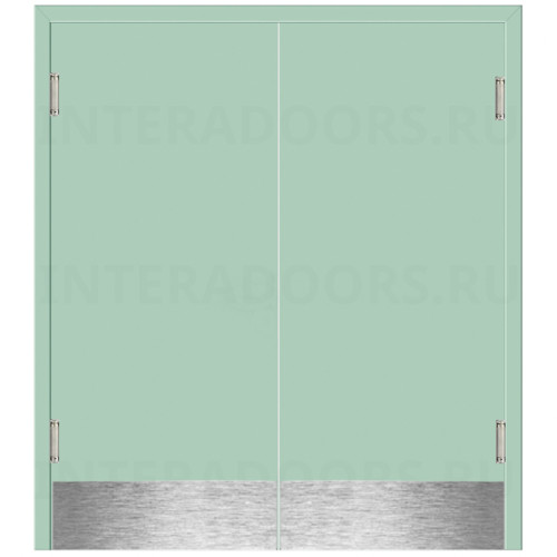 Маятниковая двухстворчатая дверь пластиковая гладкая Kapelli Classic ментол RAL 6019 с отбойными пластинами