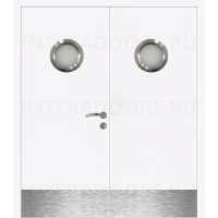 Дверь пластиковая Капель (Kapelli Classic) белый двустворчатая с двумя иллюминаторами и отбойными пластинами