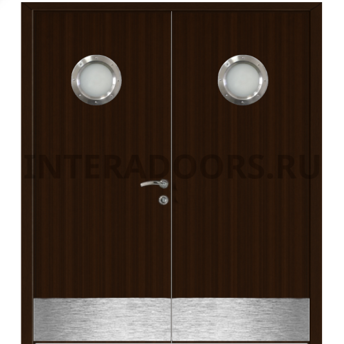 Дверь пластиковая Капель (Kapelli Classic) венге двустворчатая с двумя иллюминаторами и отбойными пластинами
