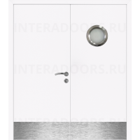 Дверь пластиковая Капель (Kapelli Classic) белый двустворчатая с иллюминатором и отбойными пластинами