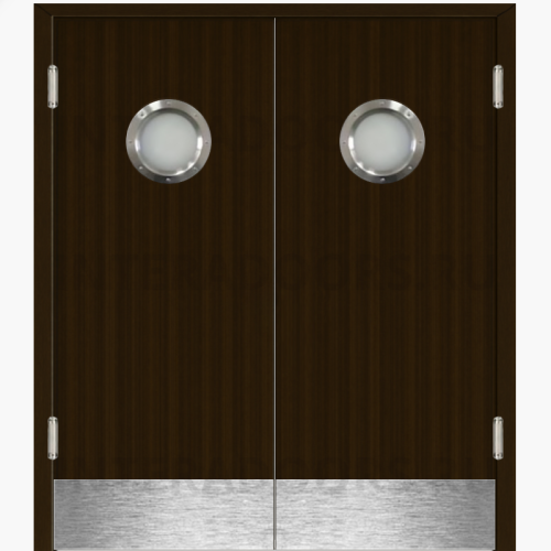 Маятниковая двустворчатая дверь пластиковая гладкая Kapelli Classic венге с двумя иллюминаторами