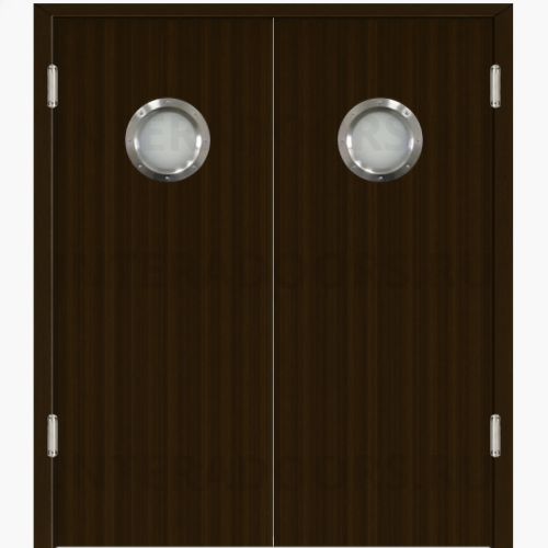 Маятниковая двустворчатая дверь пластиковая гладкая Kapelli Classic венге с двумя иллюминаторами