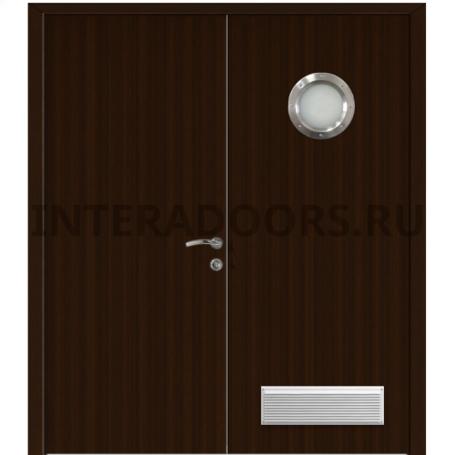 Дверь пластиковая Капель (Kapelli Classic) венге двустворчатая с иллюминатором и вентиляционной решеткой