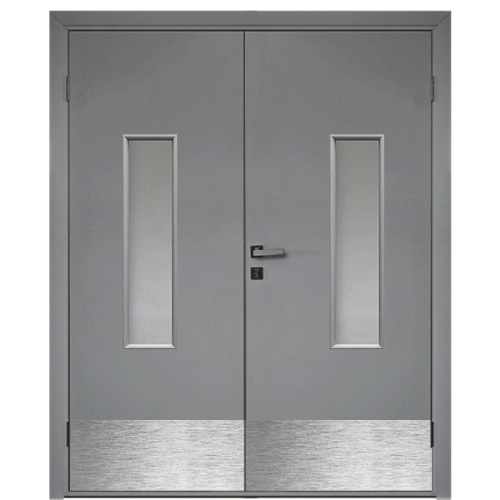 Влагостойкая дверь ПВХ Etadoor ДО серый RAL 7001 двустворчатая с отбойными пластинами с AL торцами
