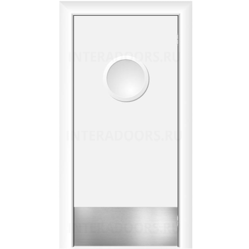Маятниковая влагостойкая дверь ПВХ Etadoor ДГ Белый с иллюминатором и отбойной пластиной с AL торцами