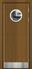 Маятниковая дверь композитная Poseidon Орех гварнери с иллюминатором и отбойной пластиной